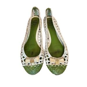 Tory Burch Size 6.5M Women's Ivory Leaf Green Carlyle Woven Leather Flats Madras